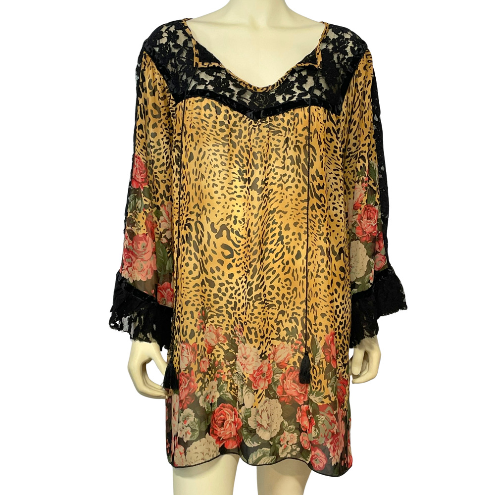 Uncle Frank Sz S Split V-Neck Shift Dress Sheer Chiffon Leopard & Lace Boho Glam